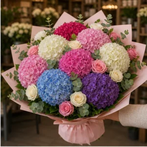 Buchet cu hortensii grandios multicolor si trandafiri - poza 2