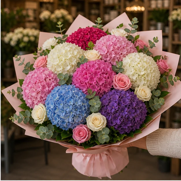 Buchet cu hortensii grandios multicolor si trandafiri - poza 2
