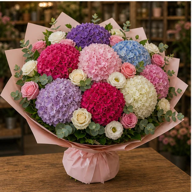 Buchet cu hortensii grandios multicolor si trandafiri - poza 3