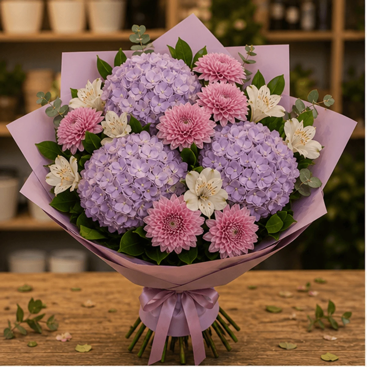 Buchet cu hortensii lila si crizanteme roz - poza 1