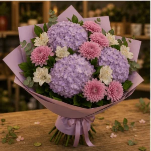 Buchet cu hortensii lila si crizanteme roz - poza 3