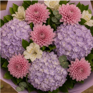 Buchet cu hortensii lila si crizanteme roz - poza 4