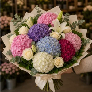 Buchet cu hortensii mix premium si crini albi - poza 2
