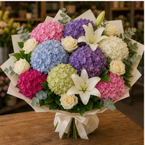 Buchet cu hortensii mix premium si crini albi - poza 3