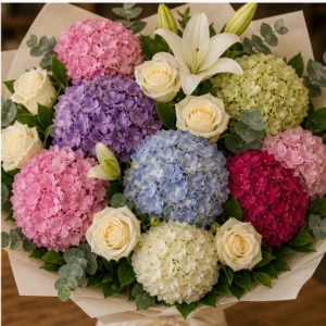 Buchet cu hortensii mix premium si crini albi - poza 4