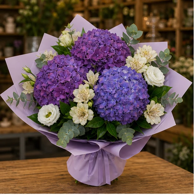 Buchet cu hortensii mov si alstroemeria crem - poza 1