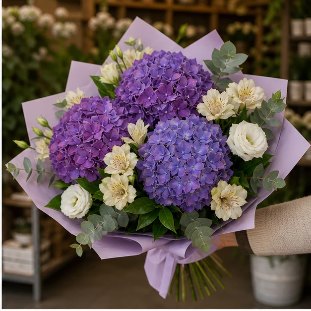 Buchet cu hortensii mov si alstroemeria crem - poza 2