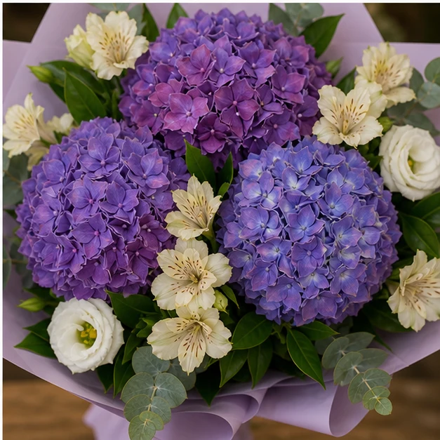 Buchet cu hortensii mov si alstroemeria crem - poza 4