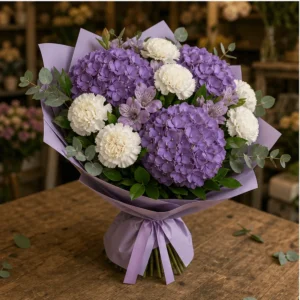 Buchet cu hortensii mov si garoafe albe elegante - poza 3