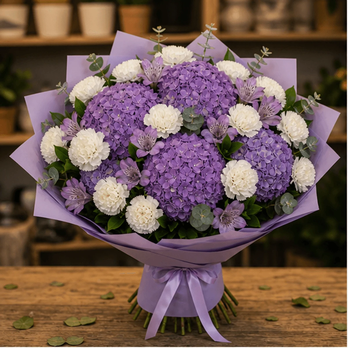 Buchet cu hortensii mov si garoafe premium - poza 1