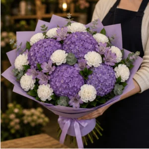 Buchet cu hortensii mov si garoafe premium - poza 2