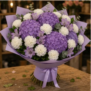 Buchet cu hortensii mov si garoafe premium - poza 3