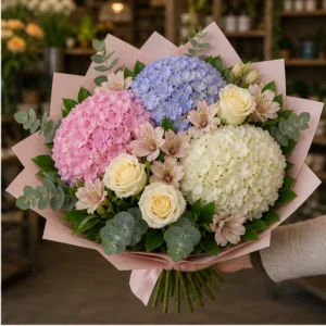 Buchet cu hortensii multicolore si flori elegante - poza 2