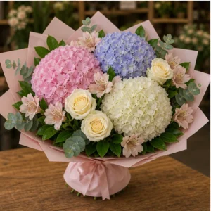 Buchet cu hortensii multicolore si flori elegante - poza 3