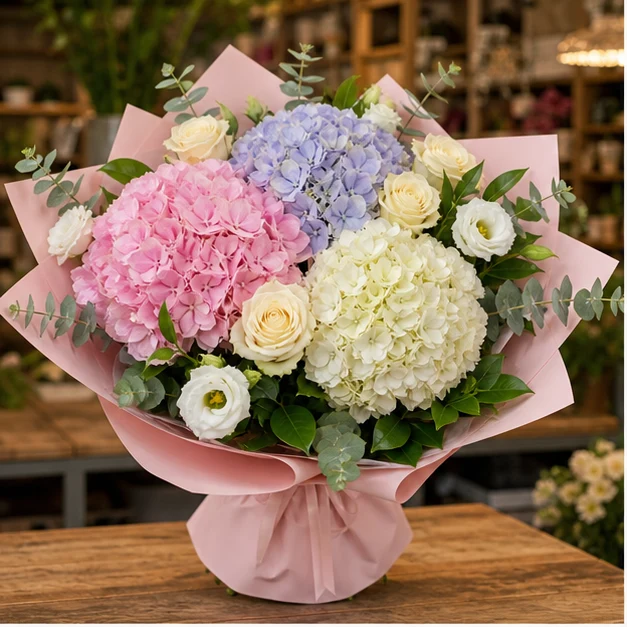 Buchet cu hortensii pastel si trandafiri crem - poza 1