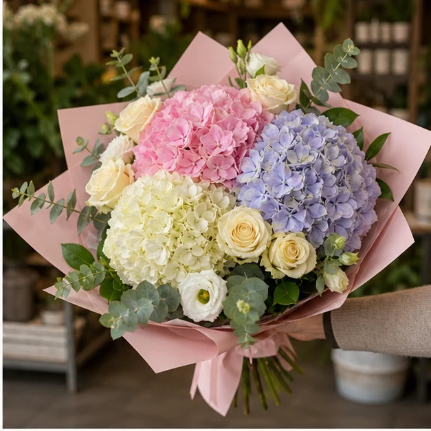 Buchet cu hortensii pastel si trandafiri crem - poza 2