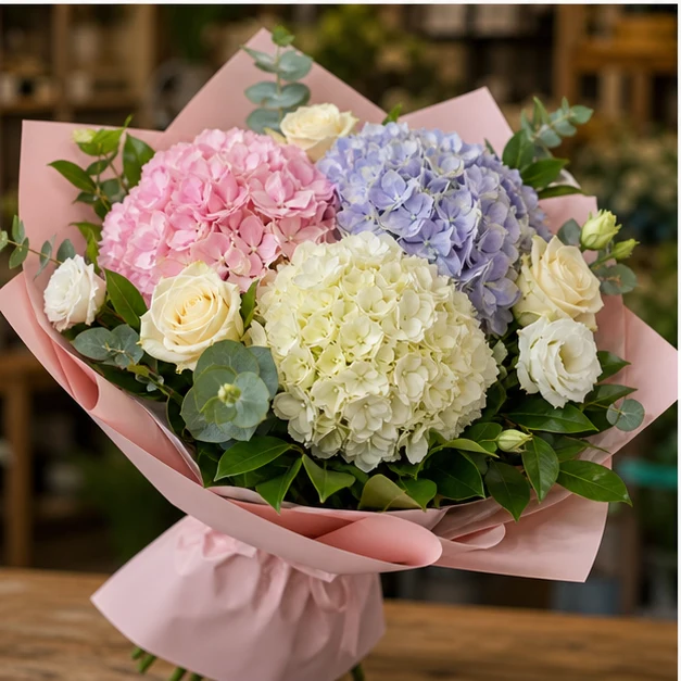 Buchet cu hortensii pastel si trandafiri crem - poza 3