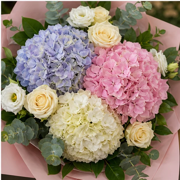 Buchet cu hortensii pastel si trandafiri crem - poza 4