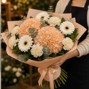 Buchet cu hortensii piersica si gerbera alba - poza 2