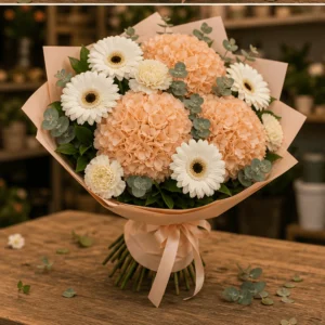 Buchet cu hortensii piersica si gerbera alba - poza 3