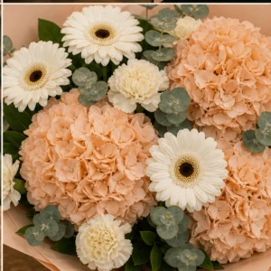 Buchet cu hortensii piersica si gerbera alba - poza 4