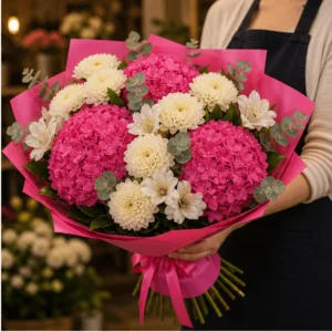 Buchet cu hortensii roz aprins si crizanteme crem - poza 2