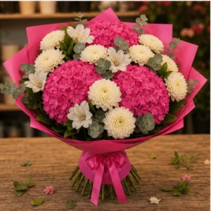 Buchet cu hortensii roz aprins si crizanteme crem - poza 3