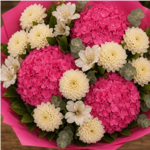 Buchet cu hortensii roz aprins si crizanteme crem - poza 4