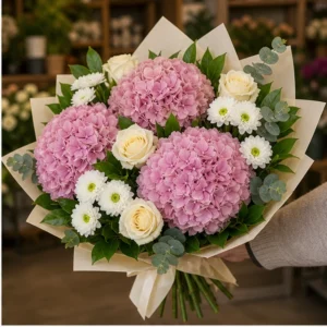 Buchet cu hortensii roz prafuit si santini alb - poza 2