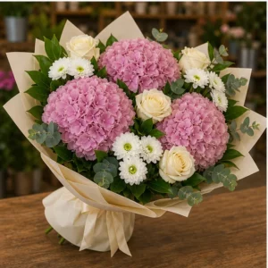 Buchet cu hortensii roz prafuit si santini alb - poza 3
