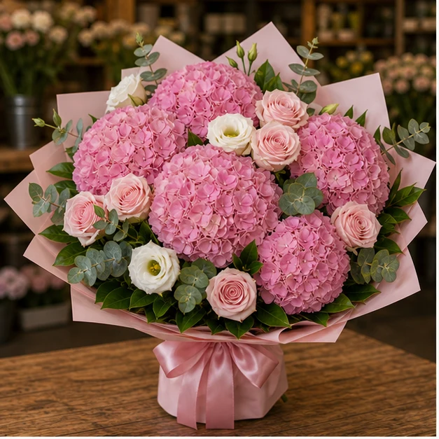 Buchet cu hortensii roz premium si trandafiri parfumati - poza 1