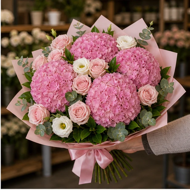 Buchet cu hortensii roz premium si trandafiri parfumati - poza 2