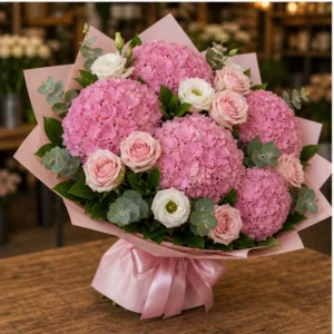 Buchet cu hortensii roz premium si trandafiri parfumati - poza 3
