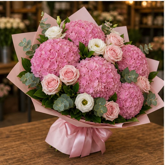 Buchet cu hortensii roz premium si trandafiri parfumati - poza 3
