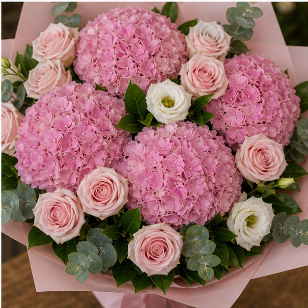 Buchet cu hortensii roz premium si trandafiri parfumati - poza 4