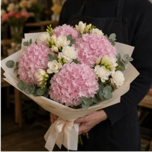 Buchet cu hortensii roz si frezii crem delicate - poza 2