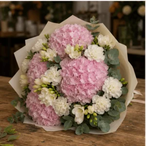 Buchet cu hortensii roz si frezii crem delicate - poza 3