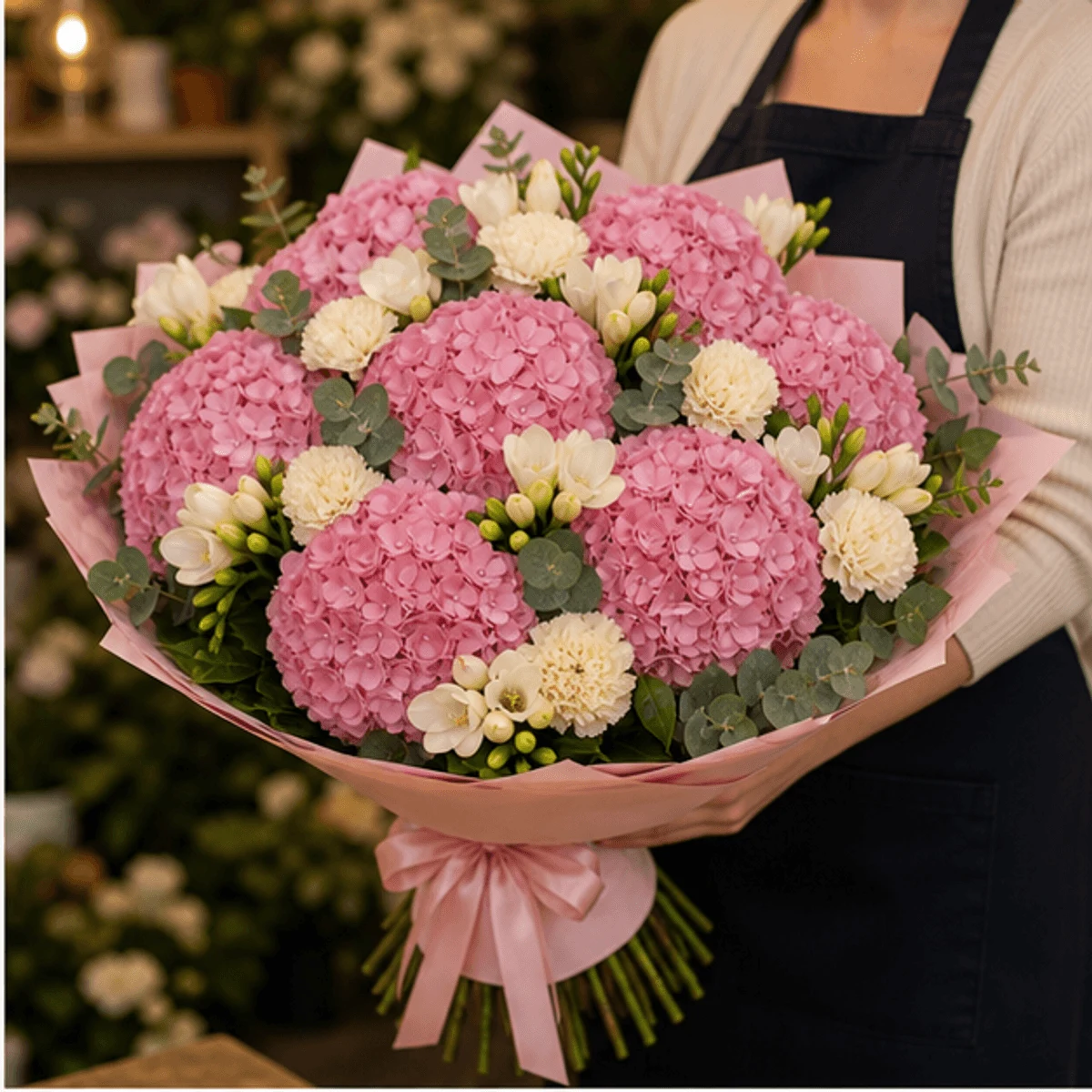 Buchet cu hortensii roz si frezii de lux - poza 2