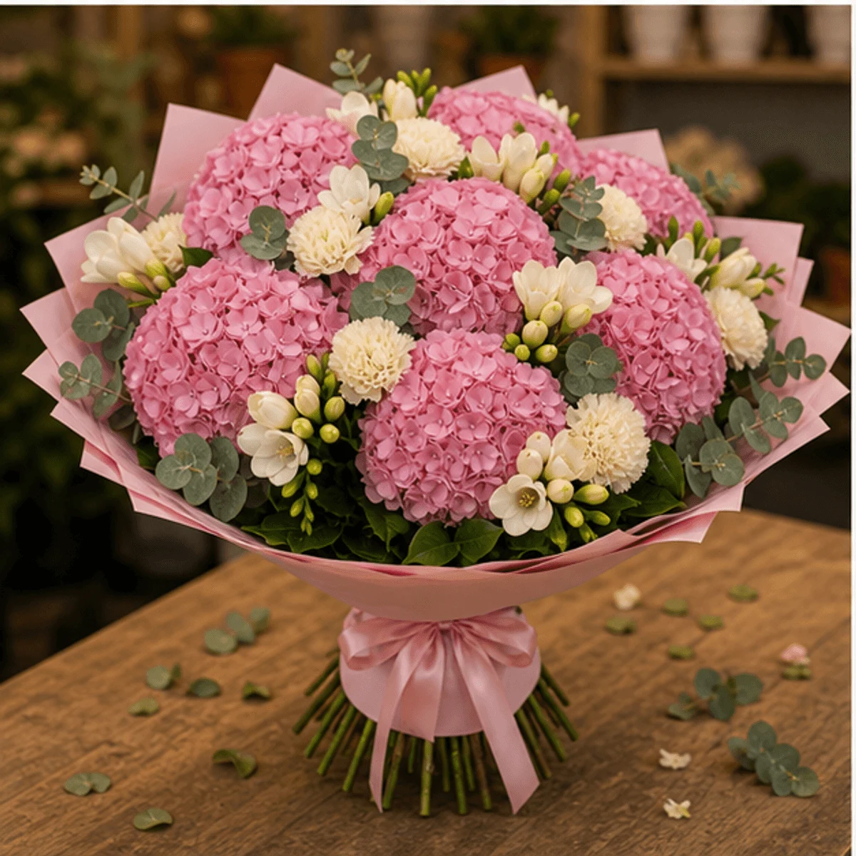 Buchet cu hortensii roz si frezii de lux - poza 3