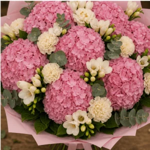 Buchet cu hortensii roz si frezii de lux - poza 4