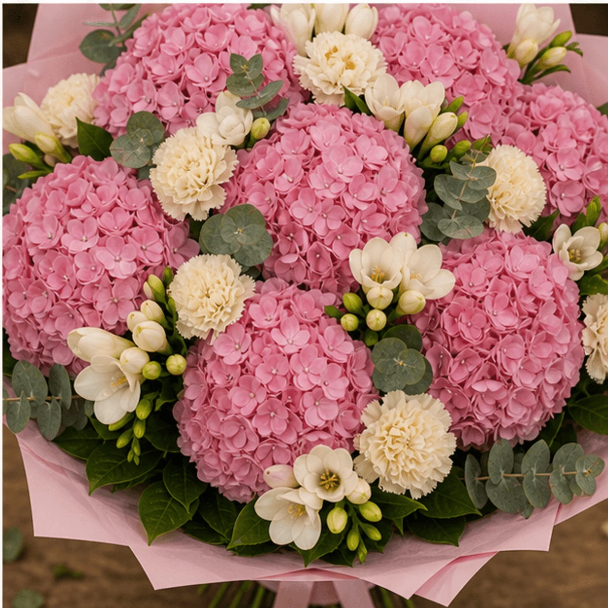Buchet cu hortensii roz si frezii de lux - poza 4