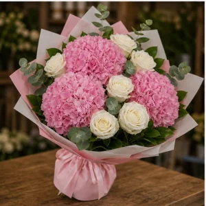 Buchet cu hortensii roz si trandafiri albi - poza 3