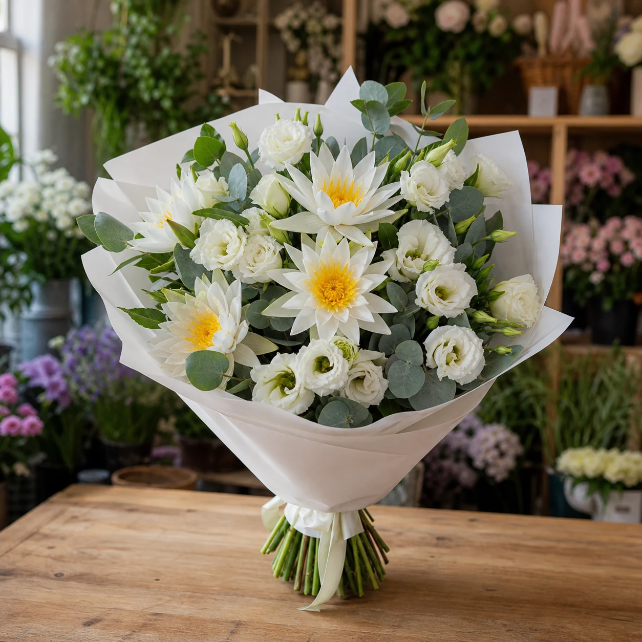 Buchet cu nuferi albi si lisianthus delicat - poza 1