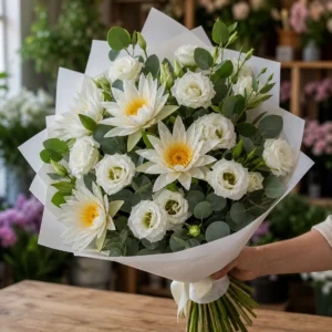 Buchet cu nuferi albi si lisianthus delicat - poza 2