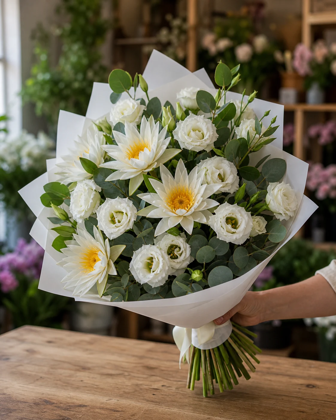 Buchet cu nuferi albi si lisianthus delicat - poza 2