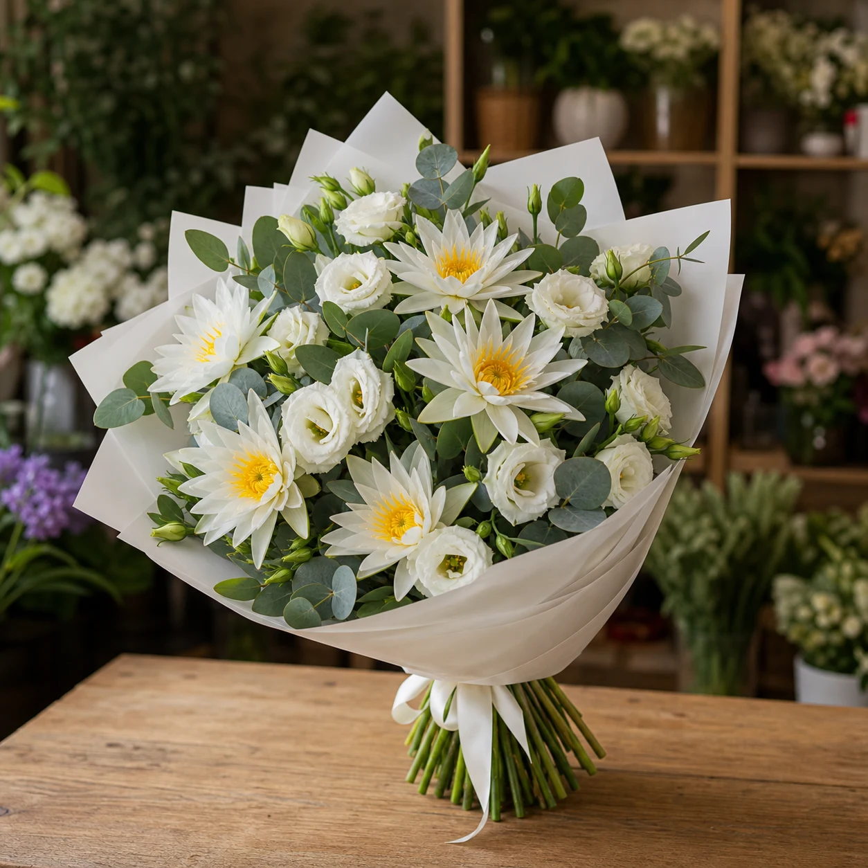 Buchet cu nuferi albi si lisianthus delicat - poza 3