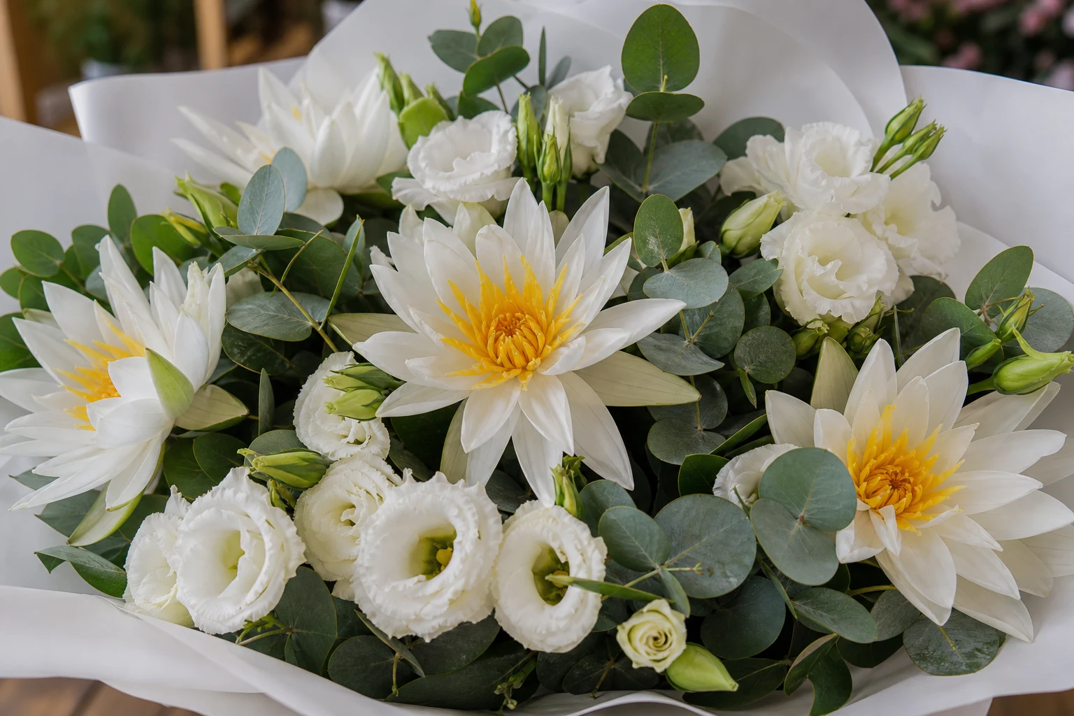 Buchet cu nuferi albi si lisianthus delicat - poza 4