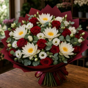 Buchet cu nuferi albi si trandafiri rosii - poza 1