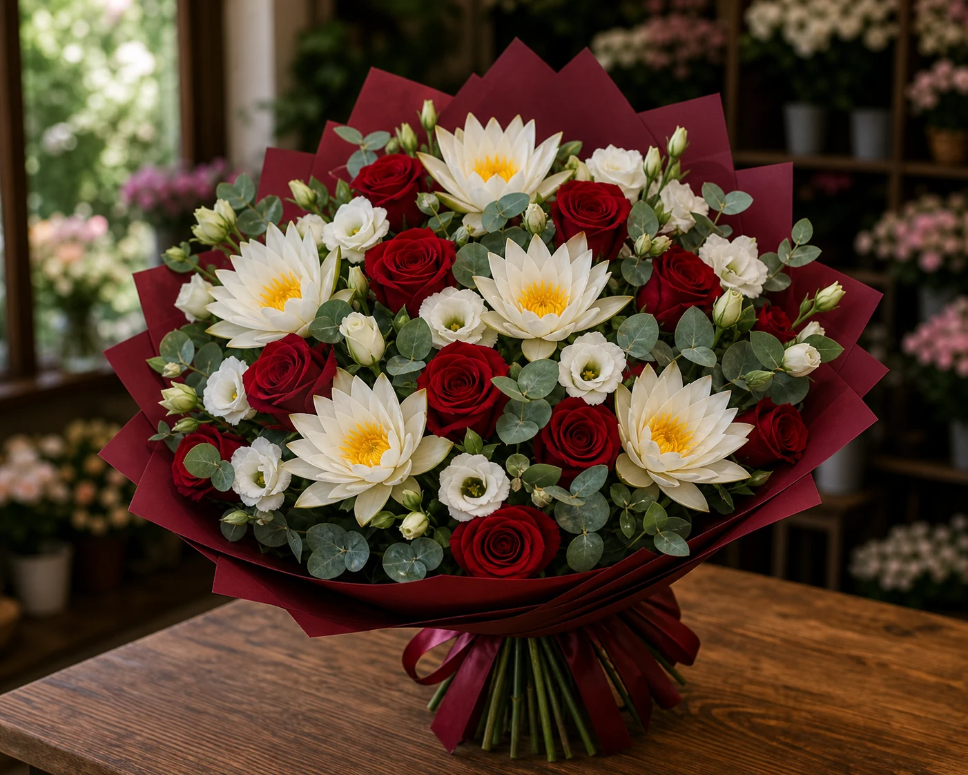 Buchet cu nuferi albi si trandafiri rosii - poza 1