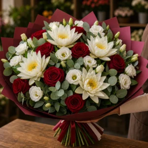 Buchet cu nuferi albi si trandafiri rosii - poza 2